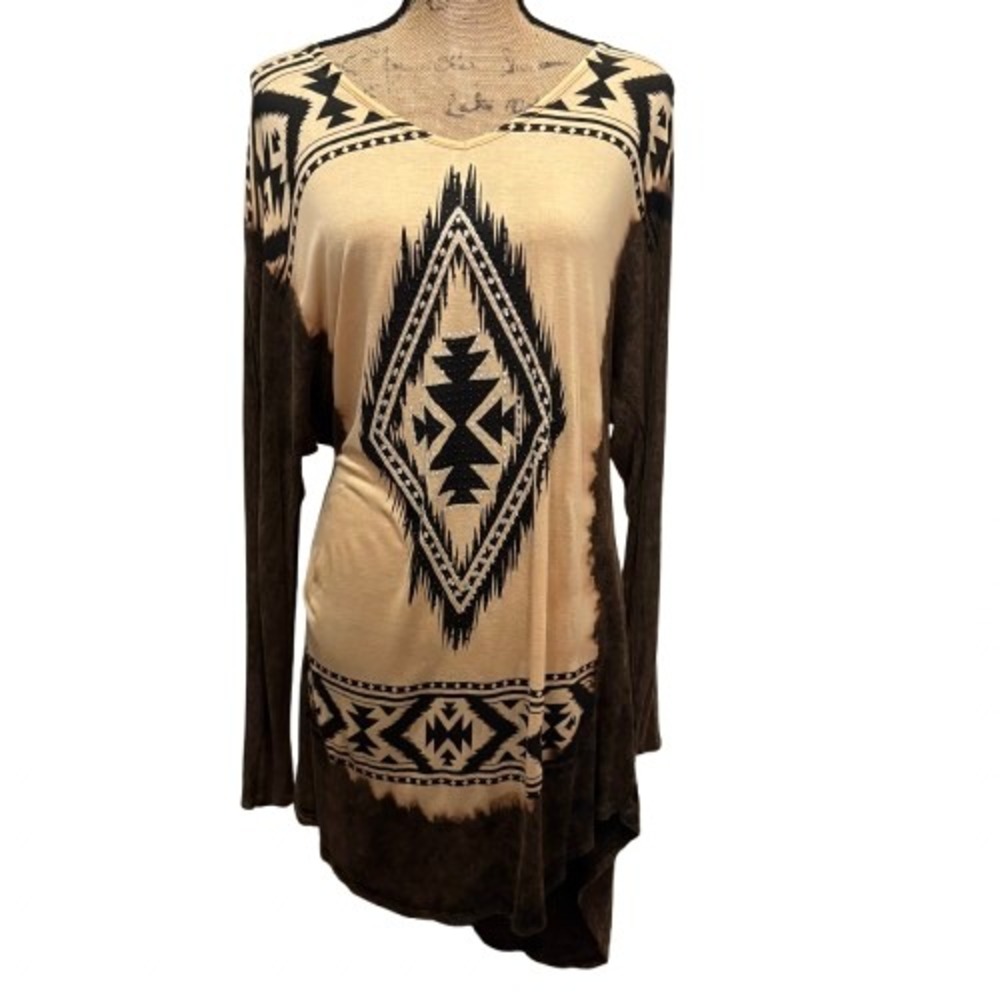 Vocal USA Southwestern‎ Diamond Print Long Sleeve Tunic Top Tan Brown Size Small